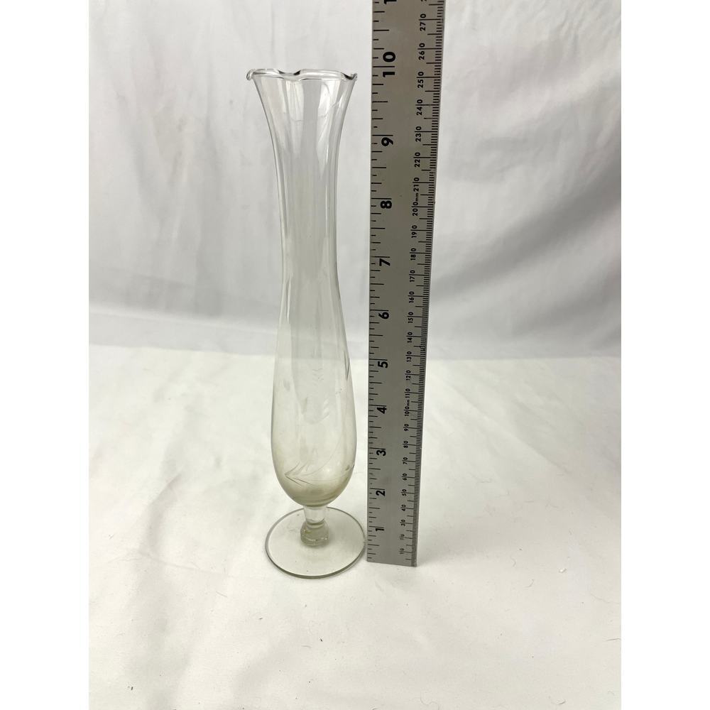 VTG‎ Flower Etched Glass Bud Vase Grape Design 10" Tall Clear Home Decor 1960's - Picture 8 of 12
